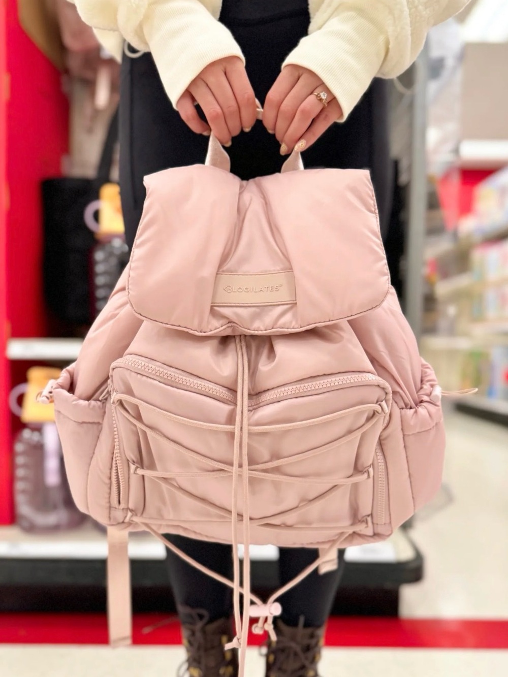 Padded Light Pink Quilted Nylon Drawstring Backpack